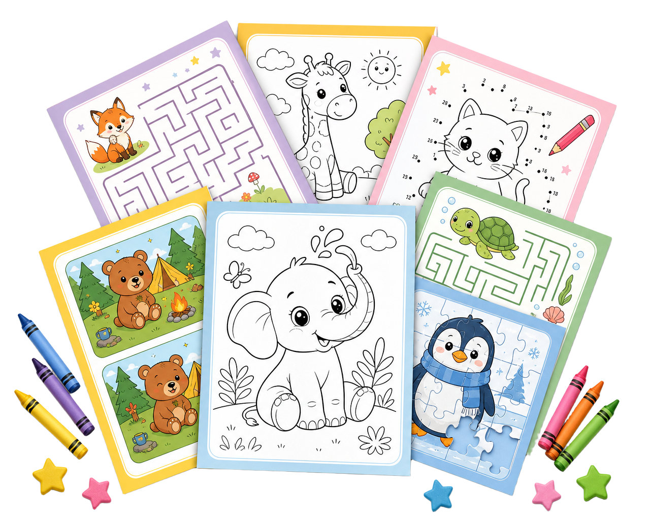 Printable activity book pages with coloring, mazes and dot-to-dot worksheets, surrounded by crayons