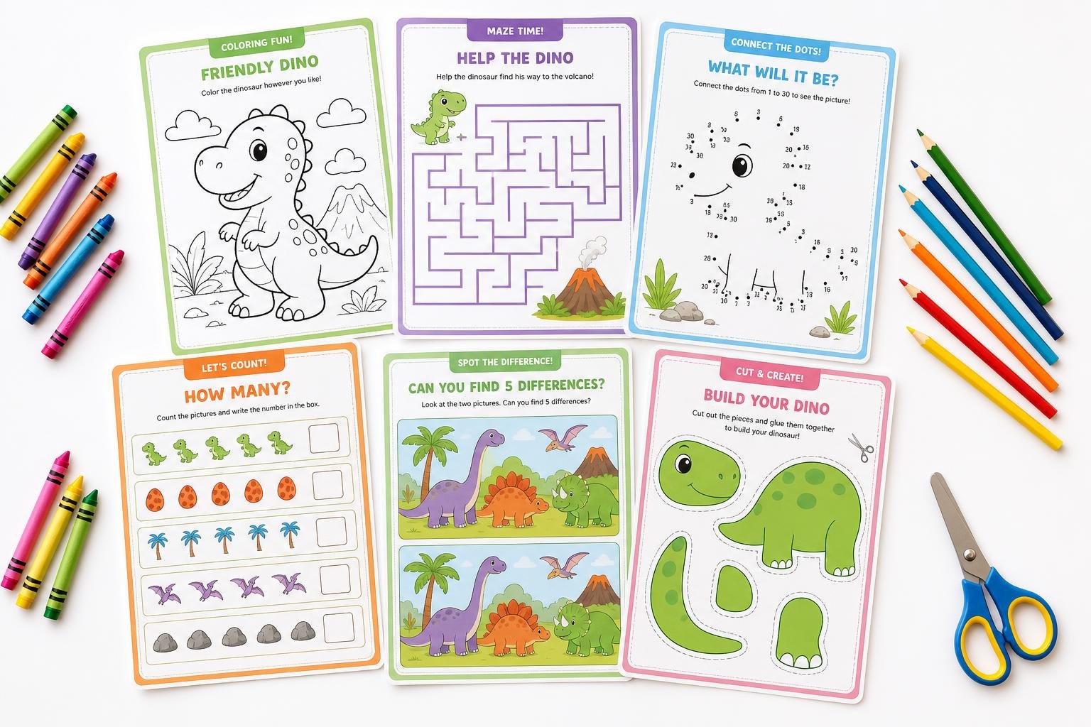 Six printable worksheet pages from the activity book: colouring, maze, connect the dots, counting, spot the difference and cut-and-create