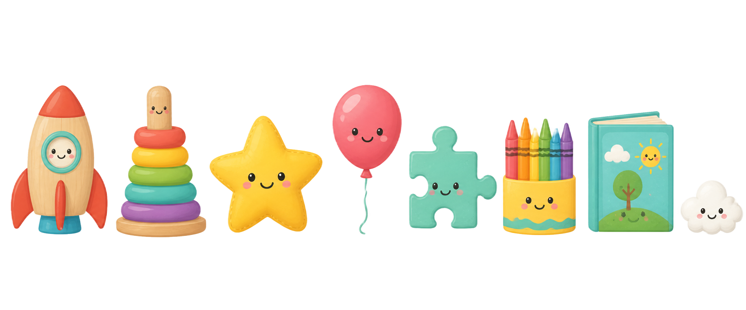 Playful illustrated toys: rocket, stacking rings, star, balloon, puzzle piece, crayons, book and cloud